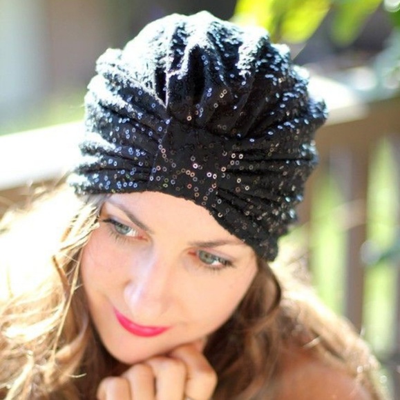 Black Sequin Turban Headpiece - Picture 3 of 5